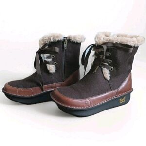 Alegria Women Twisp Hazelnut Wool Leather Boots 5.5 Faux Fur Lace Up Goblincore